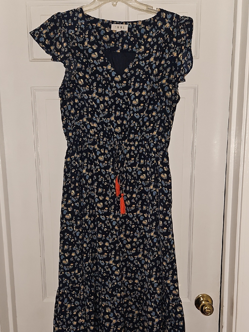 THML Navy Floral Midi Dress with Blue and Cream Accents